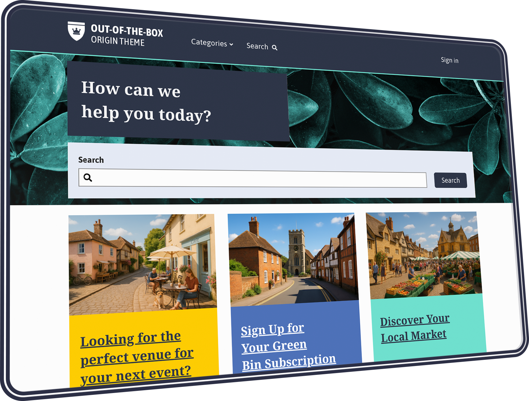 A website using the Origin theme being shown on an Ipad. With naigation at the top, a large search bar and content boxes.