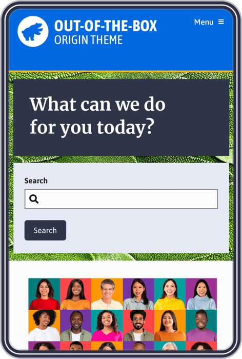 A website using the Origin theme being shown on a mobile. With naigation at the top, a large search bar and content boxes.