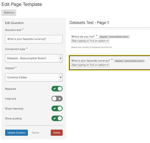 Datasets component in Jadu Central
