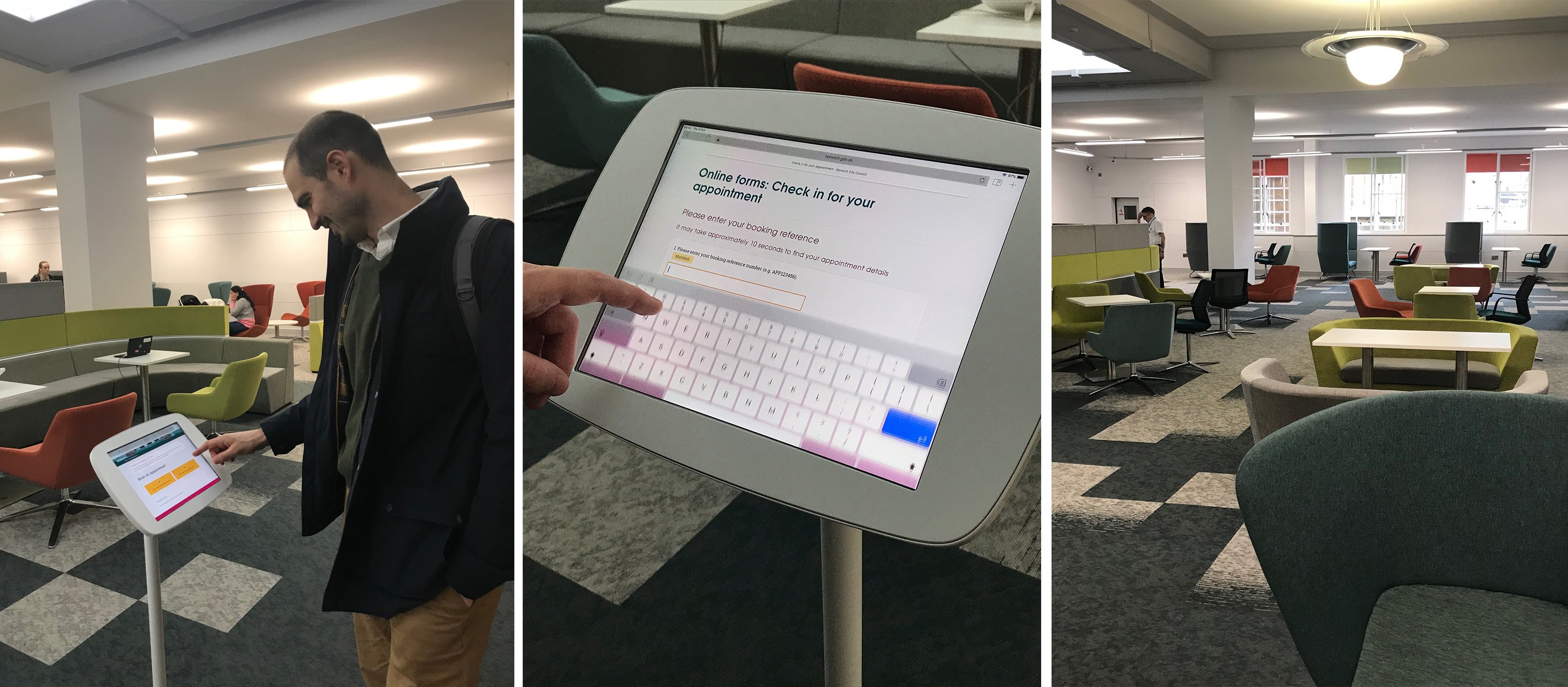 Three images. Left: Man using tablet to check in at walk in centre. Middle: 'Check in for you appointments' screen displayed on a tablet. Right: An image of the sofas in the walk-in centre. 