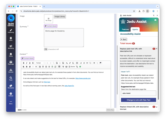 Jadu Assist screenshot on Jadu Central